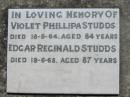 
Violet Phillipa STUDDS,
died 18-3-64 aged 84 years;
Edgar Reginald STUDDS,
died 19-6-68 aged 87 years;
Kalbar General Cemetery, Boonah Shire

