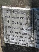 
H. SCHULZ, father,
died 22 July 1926 aged 58 years;
L. SCHULZ, mother,
died 2 April 1927 aged 47 years;
Kalbar General Cemetery, Boonah Shire
