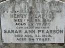 
Henry PEARSON, husband father,
died 29 Dec 1948 aged 72 years;
Sarah Ann PEARSON,
died 23 Aug 1964 aged 84 years;
Kalbar General Cemetery, Boonah Shire
