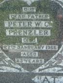 
Peter W.C. PRENZLER, father,
died 27 January 1966 aged 83 years;
Alice B. PRENZLER, wife mother,
died 5 August 1948 aged 61 years;
Kalbar General Cemetery, Boonah Shire
