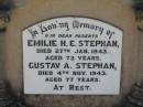 
parents;
Emilie H.E. STEPHAN,
died 27 Jan 1943 aged 73 years;
Gustav A. STEPHAN,
died 4 Nov 1943 aged 77 years;
Kalbar General Cemetery, Boonah Shire
