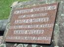 
parents;
Adolf G. MULLER,
died 1 Aug 1970 aged 81 years;
Annie MULLER,
died 31 Dec 1970 aged 79 years;
Kalbar General Cemetery, Boonah Shire
