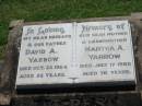 
David A. YARROW,
husband father,
died 22 Oct 1964 aged 56 years;
Martha A. YARROW,
mother grandmother,
died 17 July 1989 aged 78 years;
Kalbar General Cemetery, Boonah Shire
