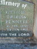 
James Stanley PENNELL,
12 Feb 1898 - 21 Feb 1984;
Ottilie Theresa PENNELL,
21 Feb 1906 - 22 Jan 1991;
Kalbar General Cemetery, Boonah Shire
