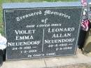 
Violet Emma NEUENDORF,
24-9-1912 - 1-2-2001;
Leonard Allan NEUENDORF,
20-8-1910 - 2-8-1990;
Kalbar General Cemetery, Boonah Shire
