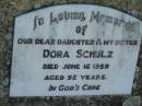 
Dora SCHULZ, daughter sister,
died 16 June 1959 aged 52 years;
Kalbar General Cemetery, Boonah Shire
