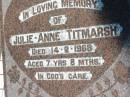 
Julie-Anne TITMARSH,
died 14-2-1968 aged 7 years 8 months;
Kalbar General Cemetery, Boonah Shire
