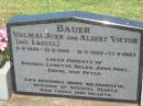 
Valmai Joan BAUER nee LAEGAL,
6-3-1925 - 10-8-1986;
Albert Victor BAUER,
16-2-1922 - 13-2-1987;
parents of Rhonda, Lynette, Helen,
John, Noel, Errol & Peter;
Kalbar General Cemetery, Boonah Shire
