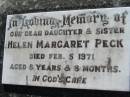 
Helen Margaret PECK, daughter sister,
died 5 Feb 1971 aged 8 years 8 months;
Kalbar General Cemetery, Boonah Shire
