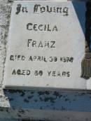 
Cecila FRANZ,
died 30 April 1978 aged 80 years;
Stefan FRANZ,
died 15 Aug 1981 aged 86 years;
Kalbar General Cemetery, Boonah Shire
