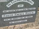 
Edith Emma RIECK, wife mother,
24-10-1899 - 30-10-1985;
Kalbar General Cemetery, Boonah Shire
