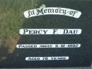 
Percy F. DAU,
died 5-12-1992 aged 76 years;
Kalbar General Cemetery, Boonah Shire
