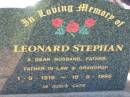 
Leonard STEPHAN,
husband father father-in-law grandpop,
1-9-1919 - 18-9-1996;
Kalbar General Cemetery, Boonah Shire
