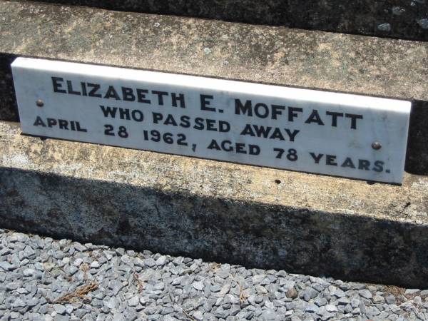 Robert Macquarie MOFFATT,  | died 9 April 1939 aged 62 years;  | Elizabeth E. MOFFATT,  | died 28 April 1962 aged 78 years;  | Kalbar General Cemetery, Boonah Shire  | 