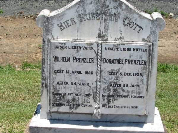 Wilhelm PRENZLER, father,  | died 12 April 1926 aged 84 years;  | Dorathee PRENZLER, mother,  | died 5 Dec 1928 aged 85 years;  | Kalbar General Cemetery, Boonah Shire  | 