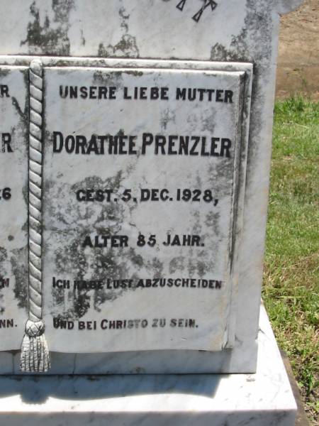 Wilhelm PRENZLER, father,  | died 12 April 1926 aged 84 years;  | Dorathee PRENZLER, mother,  | died 5 Dec 1928 aged 85 years;  | Kalbar General Cemetery, Boonah Shire  | 