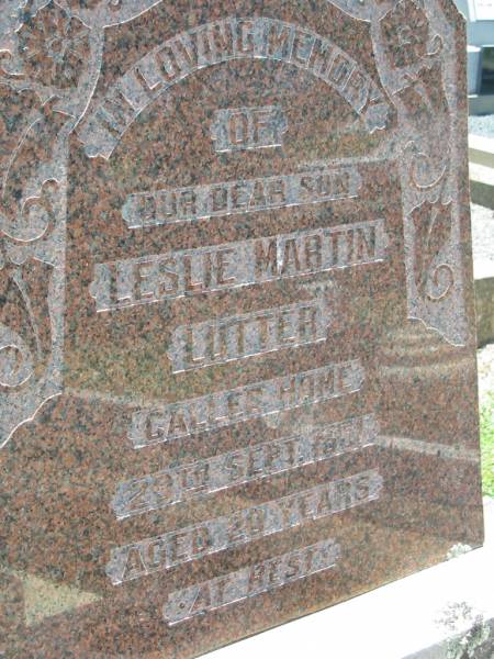 Leslie Martin LUTTER, son,  | died 29 Sept 1951? aged 20 years;  | Kalbar General Cemetery, Boonah Shire  | 