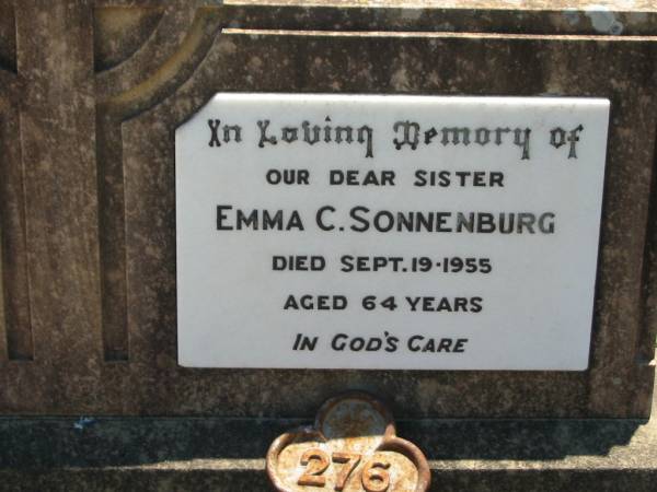 Emma C. SONNENBURG, sister,  | died 19 Sept 1955 aged 64 years;  | Kalbar General Cemetery, Boonah Shire  | 