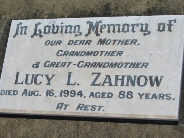 Lucy L. ZAHNOW,  | mother grandmother great-grandmother,  | died 16 Aug 1994 aged 88 years;  | Kalbar General Cemetery, Boonah Shire  | 