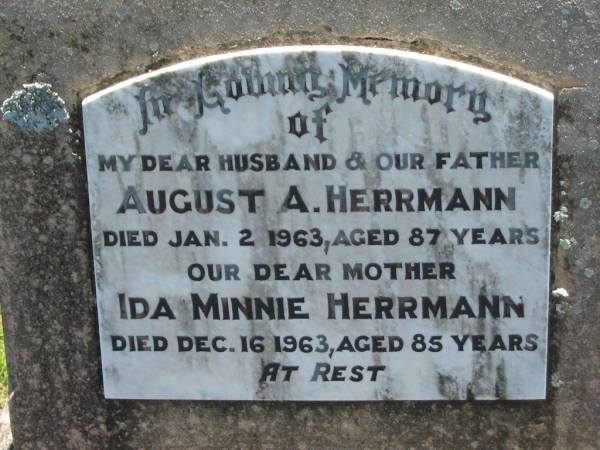 August A. HERRMANN, husband father,  | died 2 Jan 1963 aged 87 years;  | Ida Minnie HERRMANN, mother,  | died 16 Dec 1963 aged 85 years;  | Kalbar General Cemetery, Boonah Shire  | 