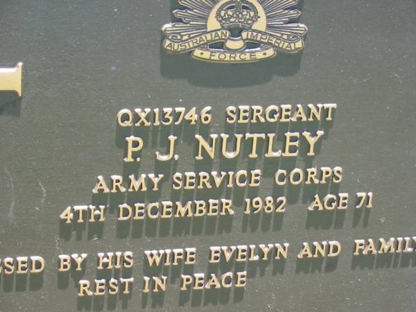 P.J. NUTLEY,  | 4 Dec 1982 age 71,  | wife Evelyn;  | Kalbar General Cemetery, Boonah Shire  | 