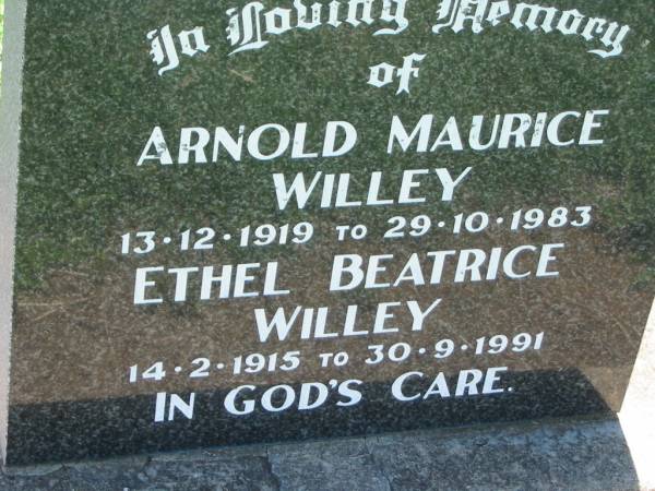 Arnold Maurice WILLEY,  | 13-12-1919 - 29-10-1983;  | Ethel Beatrice WILLEY,  | 14-2-1915 - 30-9-1991;  | Kalbar General Cemetery, Boonah Shire  | 