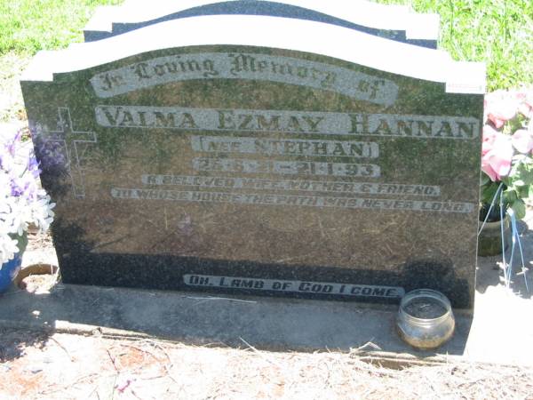 Valma Ezmay HANNAN (nee STEPHAN),  | 25-6-21 - 21-1-93,  | wfe mother;  | Kalbar General Cemetery, Boonah Shire  | 