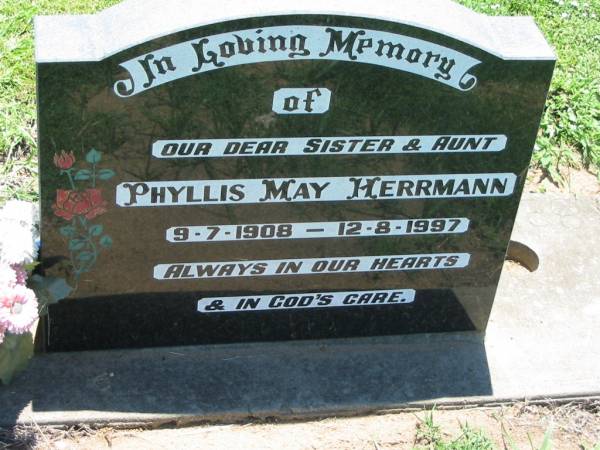 Phyllis May HERRMAN, sister aunt,  | 9-7-1908 - 12-8-1997;  | Kalbar General Cemetery, Boonah Shire  | 