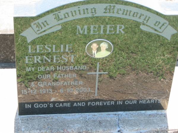 MEIER;  | Leslie Ernest,  | husband father grandfather,  | 15-12-1913 - 6-10-2003;  | Kalbar General Cemetery, Boonah Shire  | 