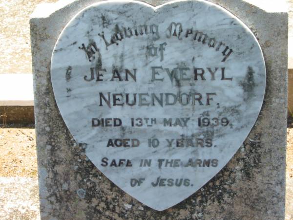 Jean Everyl NEUENDORF,  | died 13 May 1939 aged 10 years;  | Kalbar General Cemetery, Boonah Shire  | 