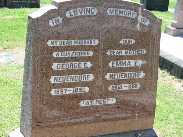 George E. NEUENDORF, husband father,  | 1897 - 1950;  | Emma E. NEUENDORF, mother,  | 1904 - 1991;  | Kalbar General Cemetery, Boonah Shire  | 