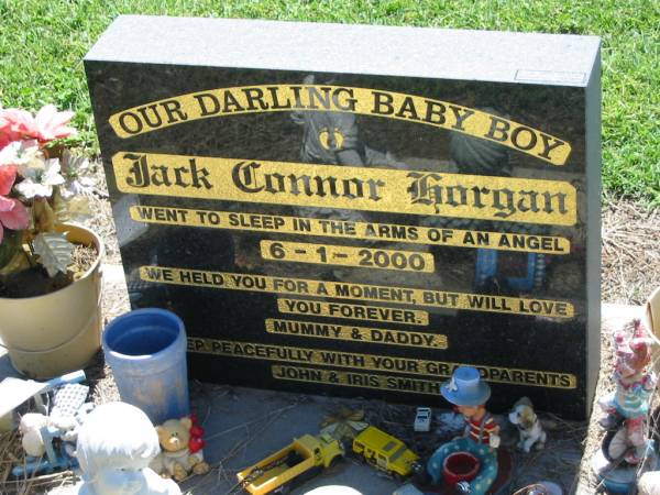 Jack Connor MORGAN?, baby,  | died 6-1-2000,  | with grandparents John & Iris SMITH;  | Kalbar General Cemetery, Boonah Shire  | 