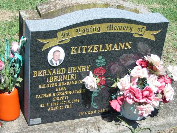 Bernard Henry (Bernie) KITZELMANN,  | husband of Elsa, father grandfather,  | 22-6-1944 - 17-8-1999 aged 55 years;  | Kalbar General Cemetery, Boonah Shire  | 