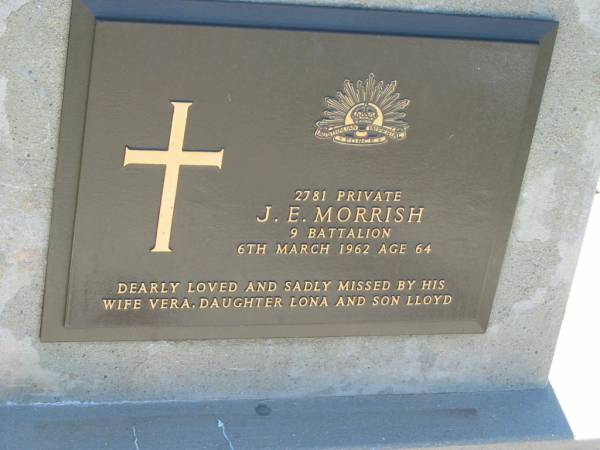 J.E. MORRISH,  | died 6 March 1962 aged 64,  | wife Vera, daughter Lona, son Lloyd;  | Kalbar General Cemetery, Boonah Shire  | 