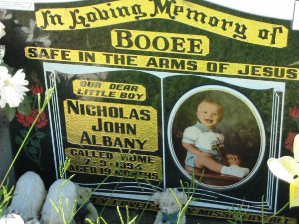 Nicholas John Albany BOOEE,  | died 7-9-1994 aged 19 months;  | Kalbar General Cemetery, Boonah Shire  | 