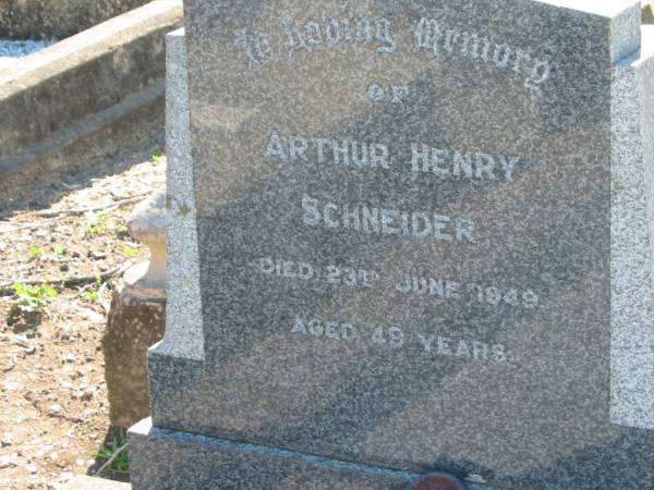 Arthur Henry SCHNEIDER,  | died 23 June 1949 aged 49 years,  |  Archie ;  | Kalbar General Cemetery, Boonah Shire  | 