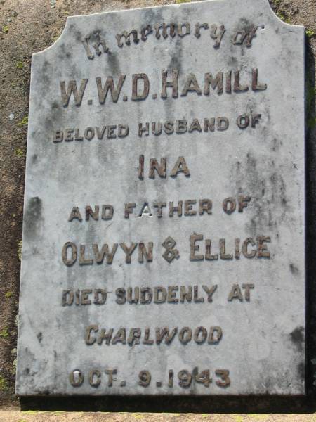 W.W.D. HAMILL, husband of Ina,  | father of Olwyn & Ellice,  | died suddenly at Charlwood 9 Oct 1943;  | Kalbar General Cemetery, Boonah Shire  | 
