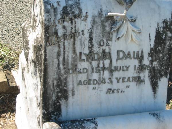 Lydia DAU,  | died 15 July 1928 aged 43 years;  | Kalbar General Cemetery, Boonah Shire  | 