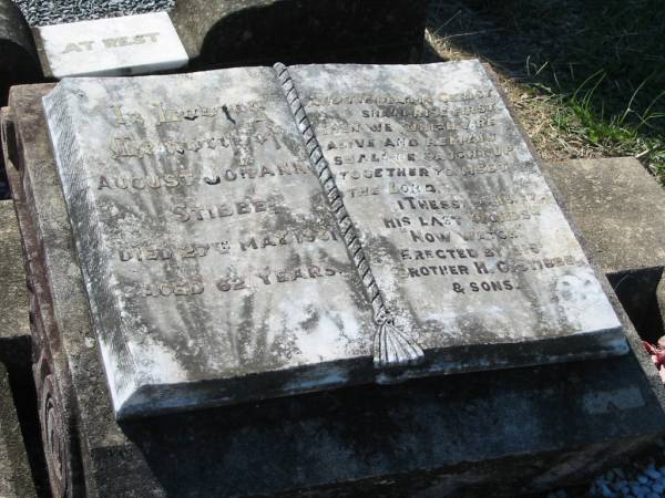 August Johann STIBBE,  | died 27 May 1931 aged 62 years,  | erected by brother H.C. STIBBE & sons;  | Kalbar General Cemetery, Boonah Shire  | 