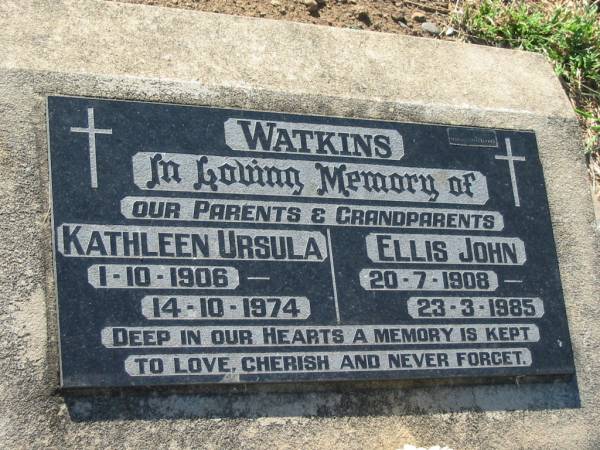 parents grandparents;  | Kathleen Ursula WATKINS,  | 1-10-1906 - 14-10-1974;  | Ellis John WATKINS,  | 20-7-1908 - 23-3-1985;  | Kalbar General Cemetery, Boonah Shire  | 