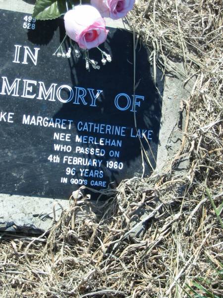 Arthur Matchum LAKE,  | died 26 Jan 1977 aged 87 years;  | Margaret Catherine LAKE,  | died 4 Feb 1980 aged 96 years;  | Kalbar General Cemetery, Boonah Shire  | 
