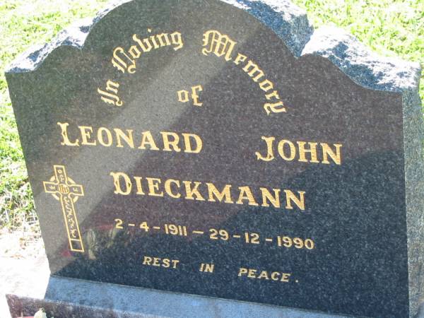 Leonard John DIECKMANN,  | 2-4-1911 - 29-12-1990;  | Kalbar General Cemetery, Boonah Shire  | 