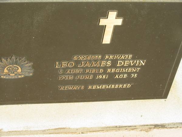 Leo James DEVIN,  | 17 June 1981 age 73;  | Kalbar General Cemetery, Boonah Shire  | 