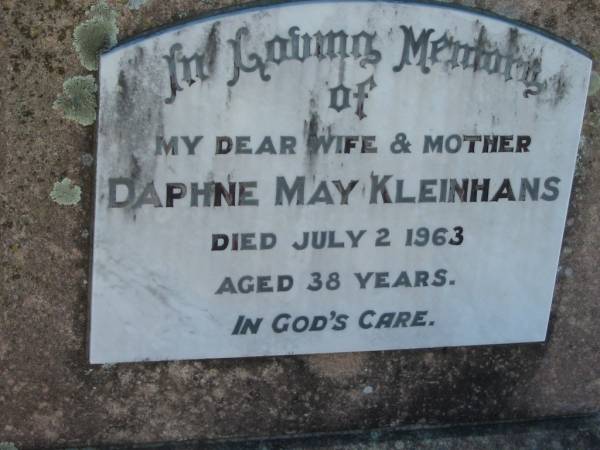 Daphne May KLEINHANS, wife mother,  | died 2 July 1963 aged 38 years;  | Kalbar General Cemetery, Boonah Shire  | 