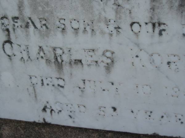 Charles KORNER, son brother,  | died 10 July 1964 aged 53 years;  | Kalbar General Cemetery, Boonah Shire  | 