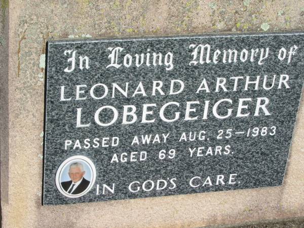 Leonard Arthur LOBEGEIGER,  | died 25 Aug 1983 aged 69 years;  | Kalbar General Cemetery, Boonah Shire  | 