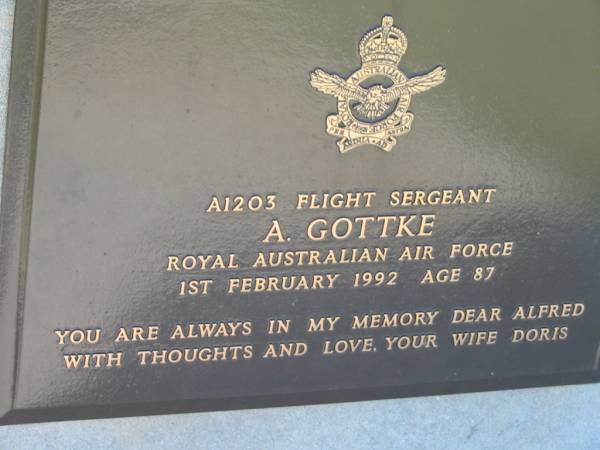 A. (Alfred) GOTTKE,  | 1 Feb 1992 aged 87,  | wife Doris;  | Kalbar General Cemetery, Boonah Shire  | 