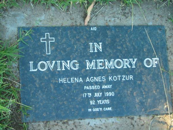 Helena Agnes KOTZUR,  | died 17 July 1990 aged 92 years;  | Kalbar General Cemetery, Boonah Shire  | 