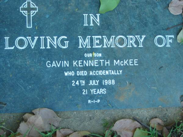 Gavin Kenneth MCKEE,  | died accidentally 24 July 1988 aged 21 years;  | Kalbar General Cemetery, Boonah Shire  | 