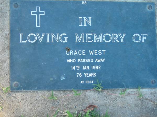 Grace WEST,  | died 14 Jan 1992 aged 76 years;  | Kalbar General Cemetery, Boonah Shire  | 
